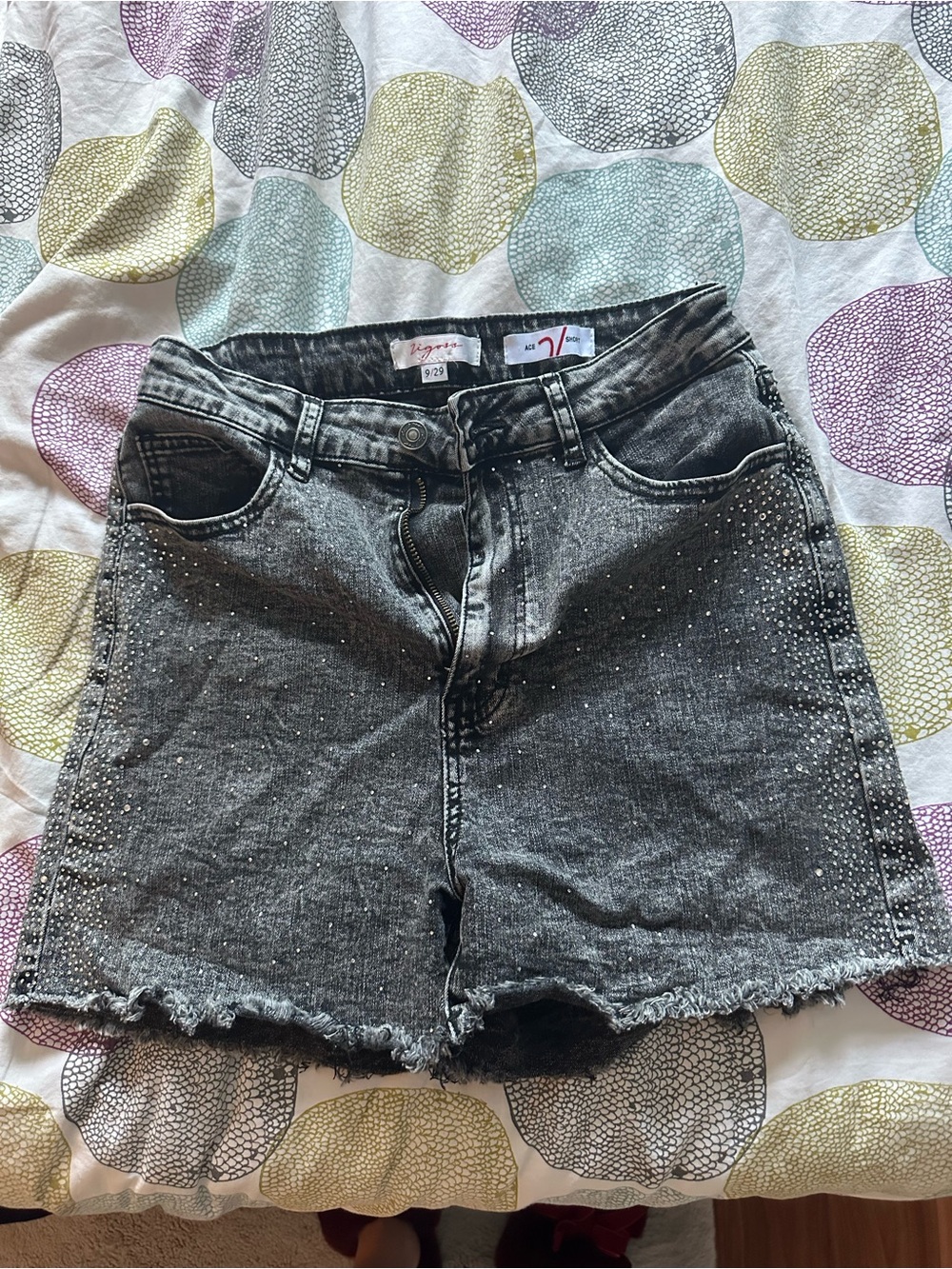 Vigoss Black Washed High-Rise Denim Shorts with Rhinestone Detail